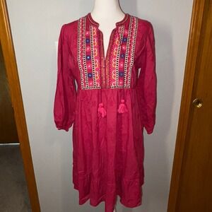 Rapsodia Embroidered Tunic Dress Bohemian Festival‎ Pink Long Sleeve size M/L